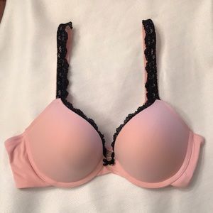 Pink bra with black lace trim